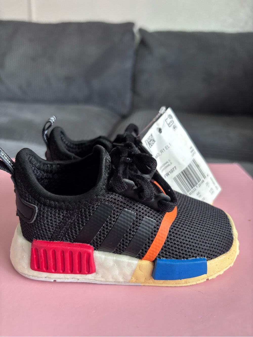 adidas Kids Black Sneakers with Red, Orange & Blue Accents